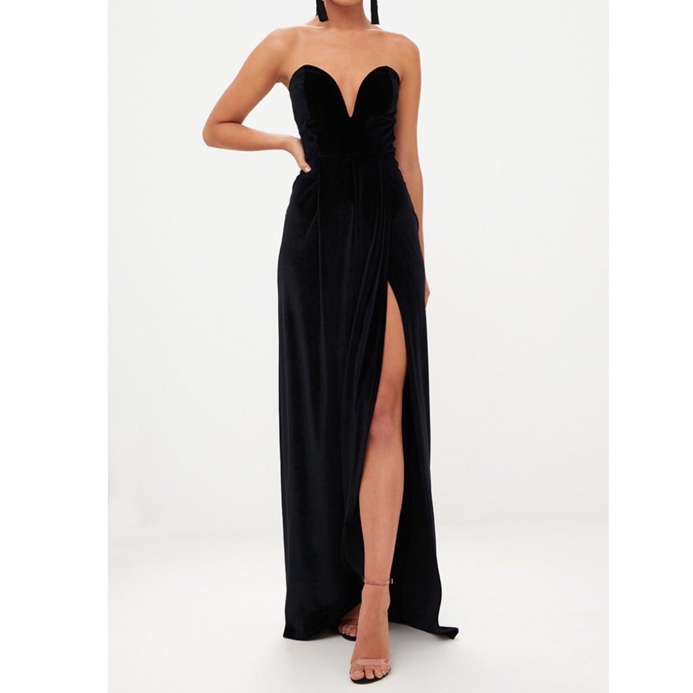 Black Maxi Plunge Slit Velvet Dress